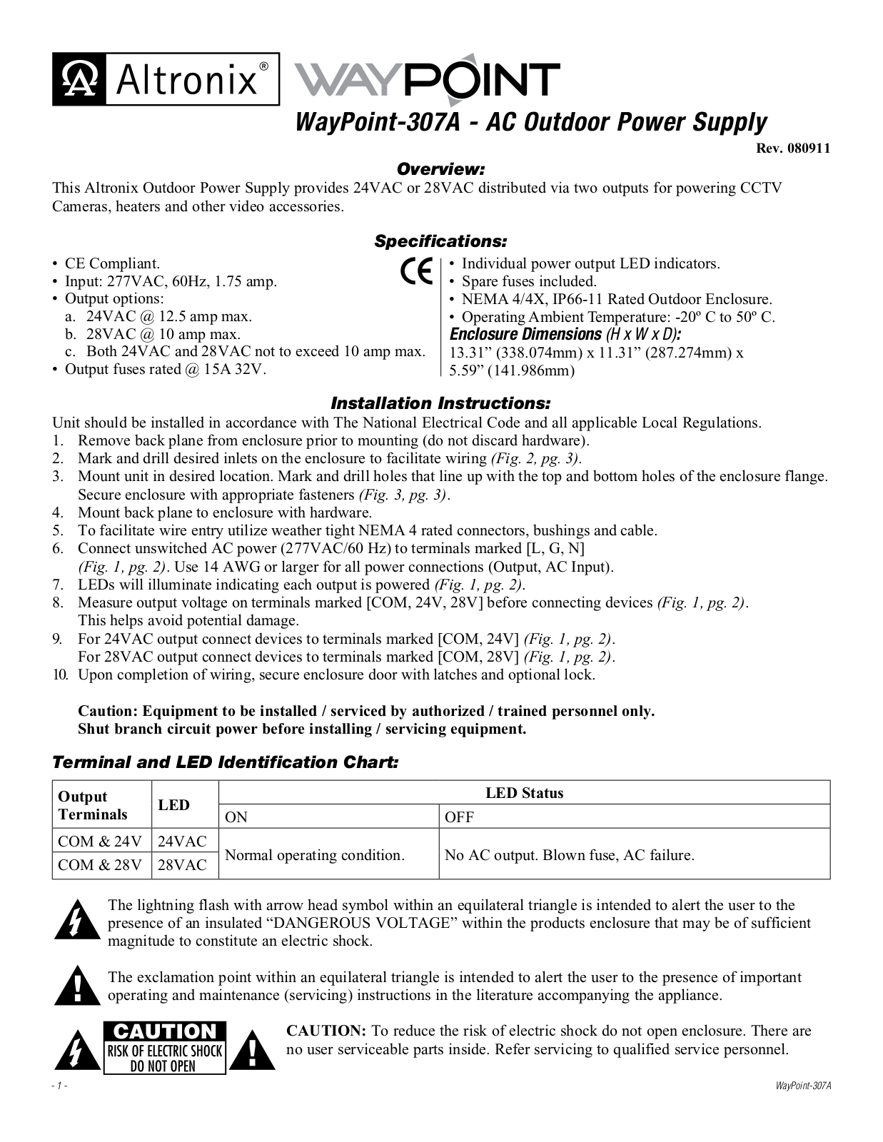 Altronix WayPoint-307A Installation Instructions