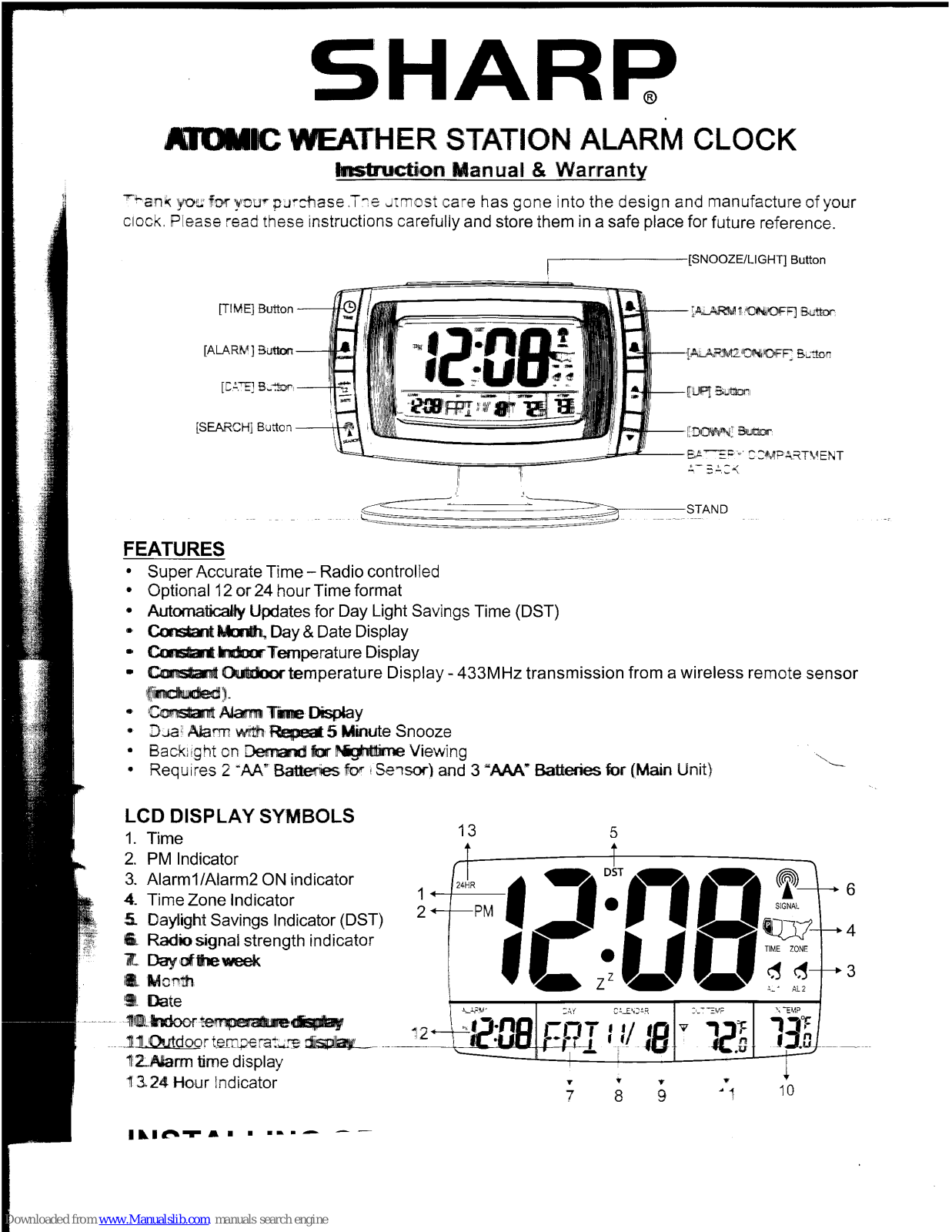 Sharp SPC061 - LED Plasma-TV Style Alarm Clock, SPC061 Instruction Manual