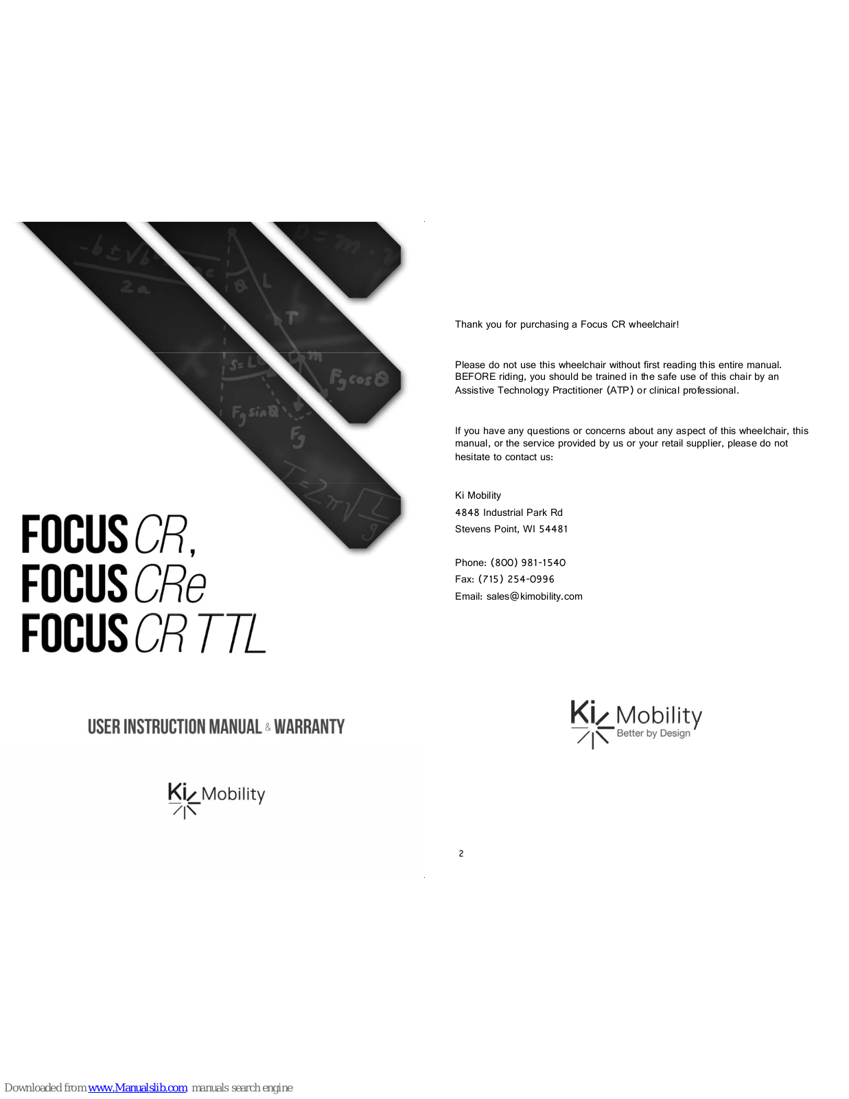 Ki Mobility Focus CR, Focus CRe, Focus CR TTL User Instruction Manual