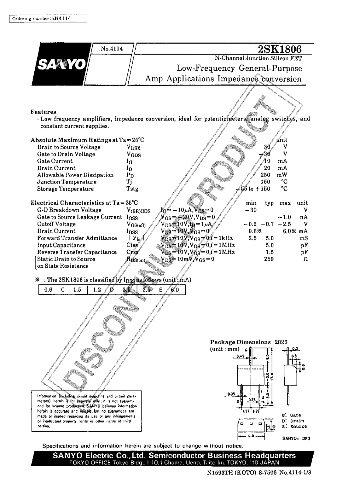 Sanyo 2SK1806 Specifications