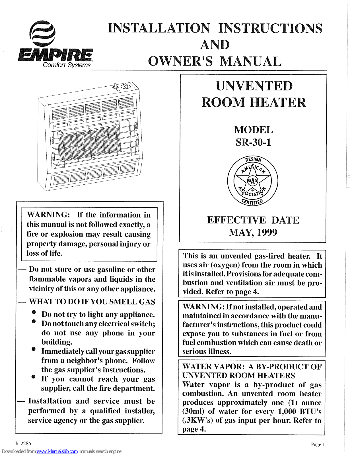 Empire Comfort Systems Sr-30-1 Installation Instructions And Owner's Manual