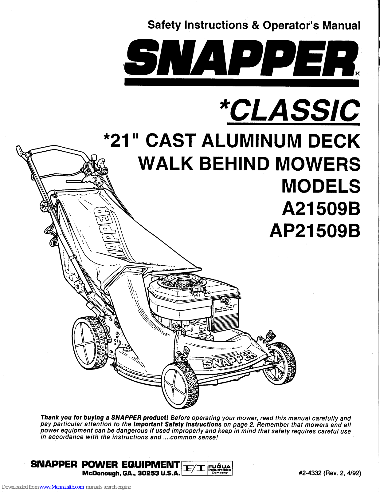 Snapper Classic AP21509B, Classic A21509B Safety Instructions & Operator's Manual