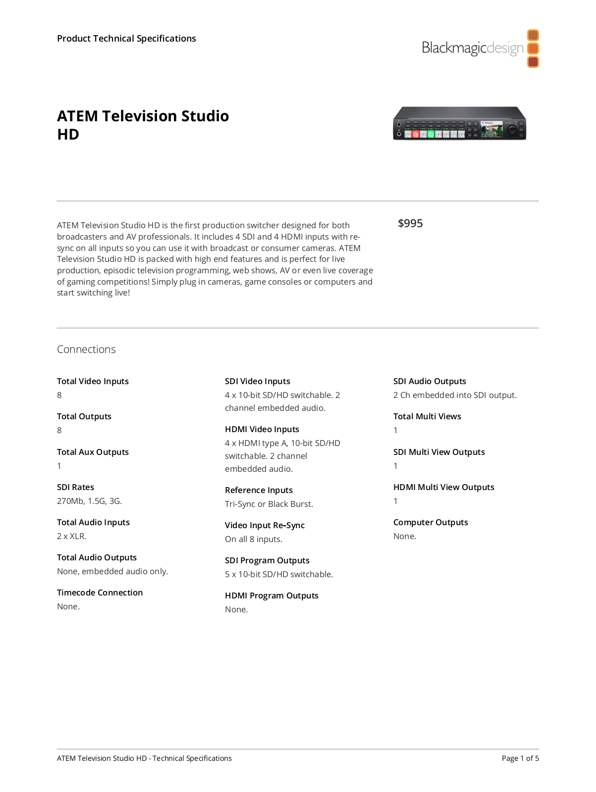 Blackmagic Design ATEM Television Studio HD Specifications