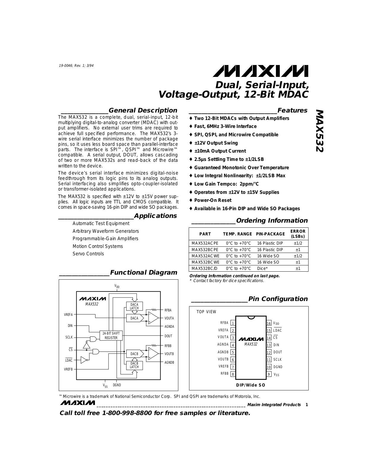 Maxim MAX532BMJE, MAX532BEWE, MAX532BEPE, MAX532BCWE, MAX532BC-D Datasheet