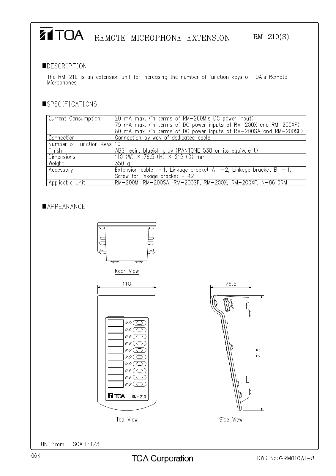 TOA RM-210-S User Manual