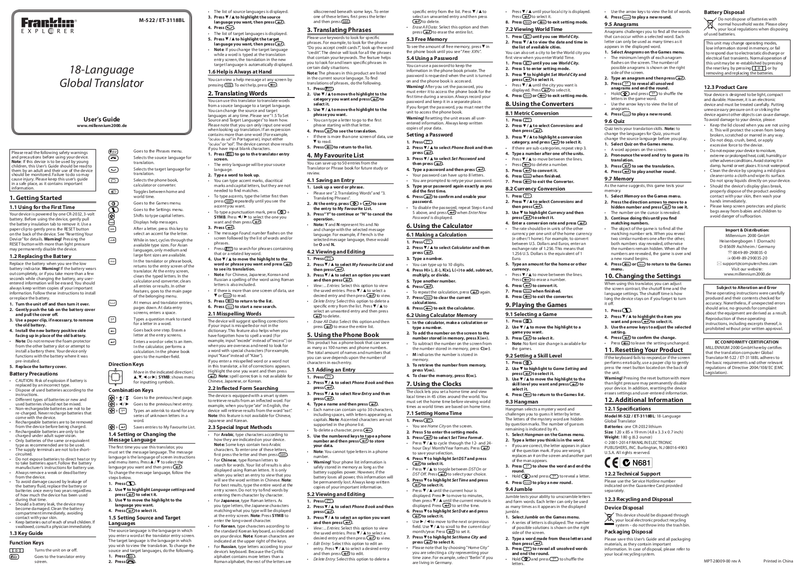 Franklin M-522, ET-3118BL User guide