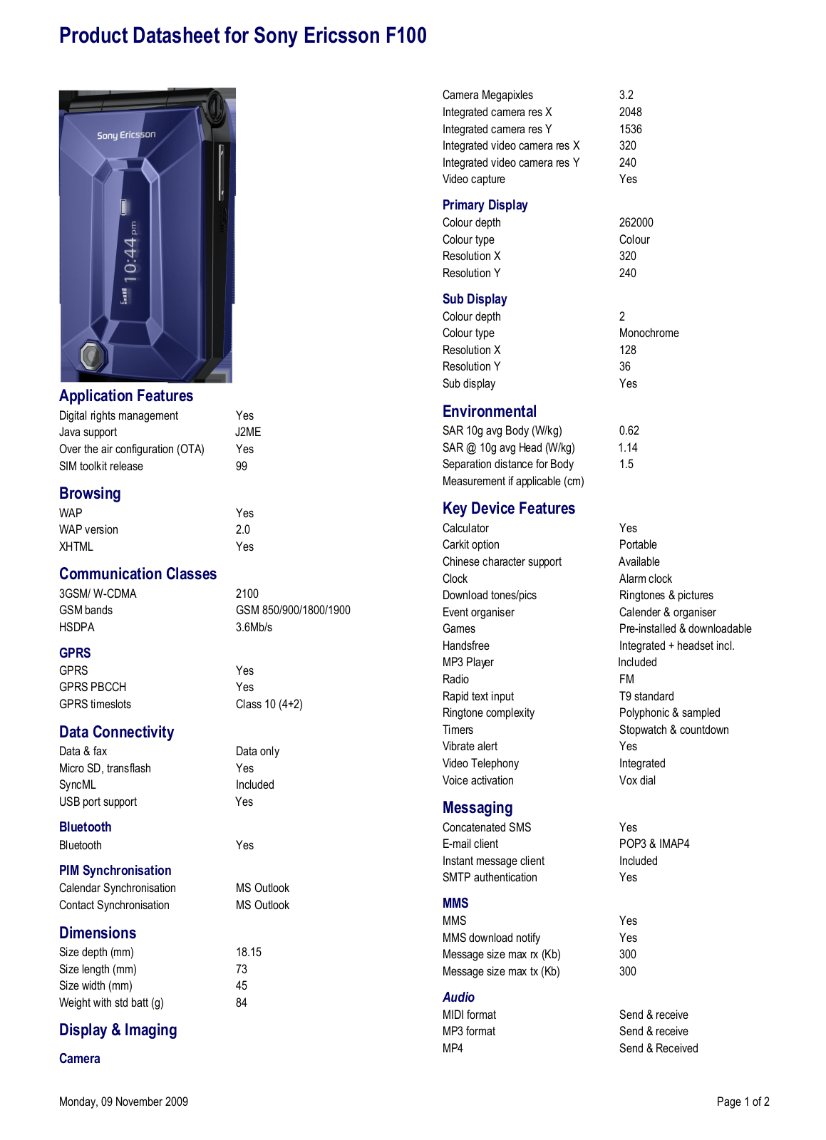 Sony ericsson F100I DATASHEET