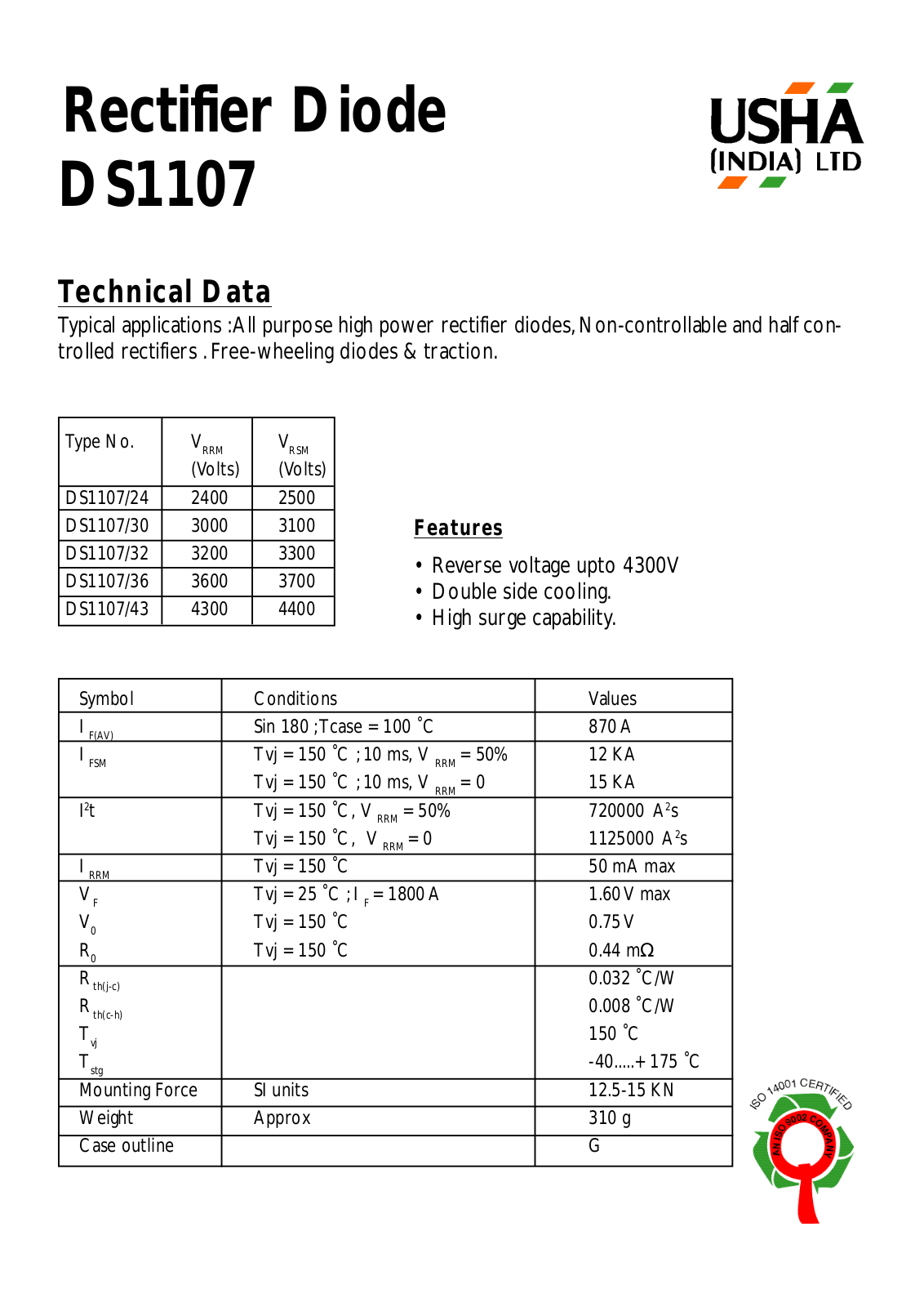 USHA DS1107-43, DS1107-36, DS1107-32, DS1107-30, DS1107-24 Datasheet