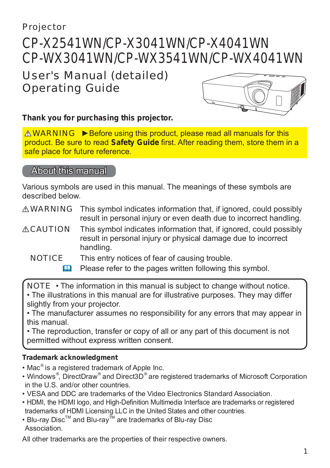 Hitachi CP-X3041WN, CP-X4041WN, CP-X2541WN, CP-WX4041WN, CP-WX3541WN User Manual