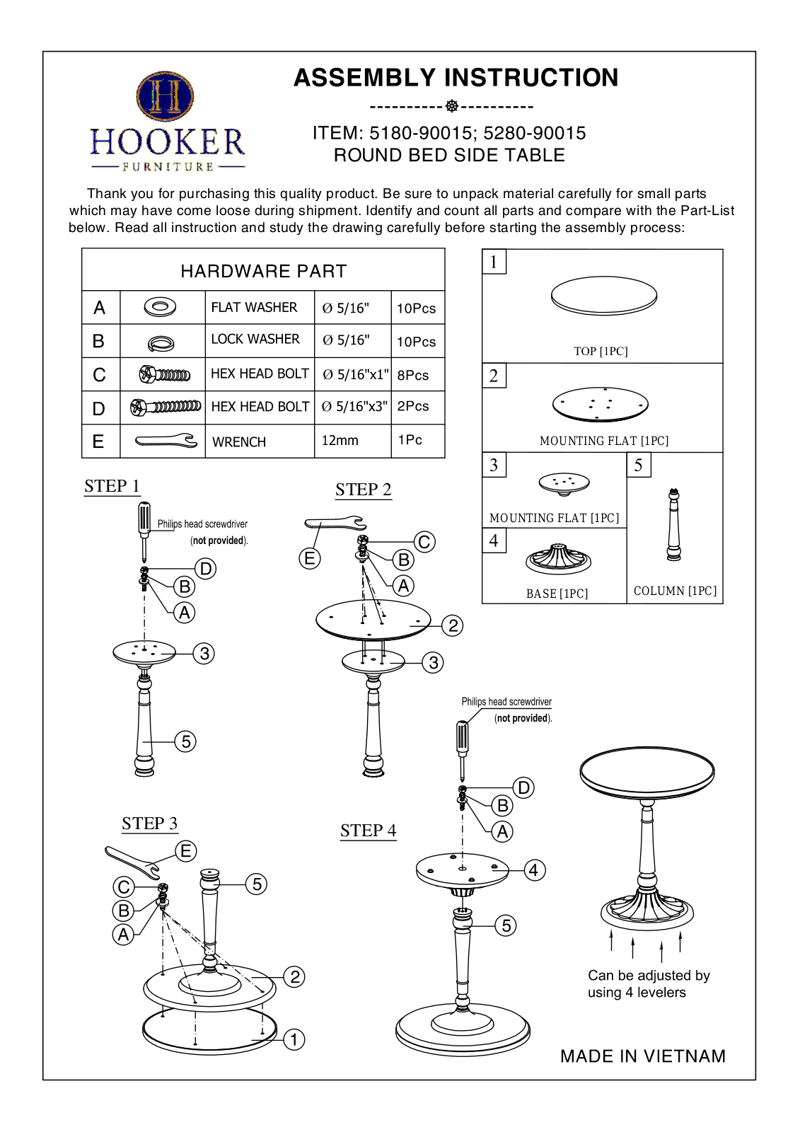 Hooker Furniture 5X8090015, 518090015 Assembly Guide