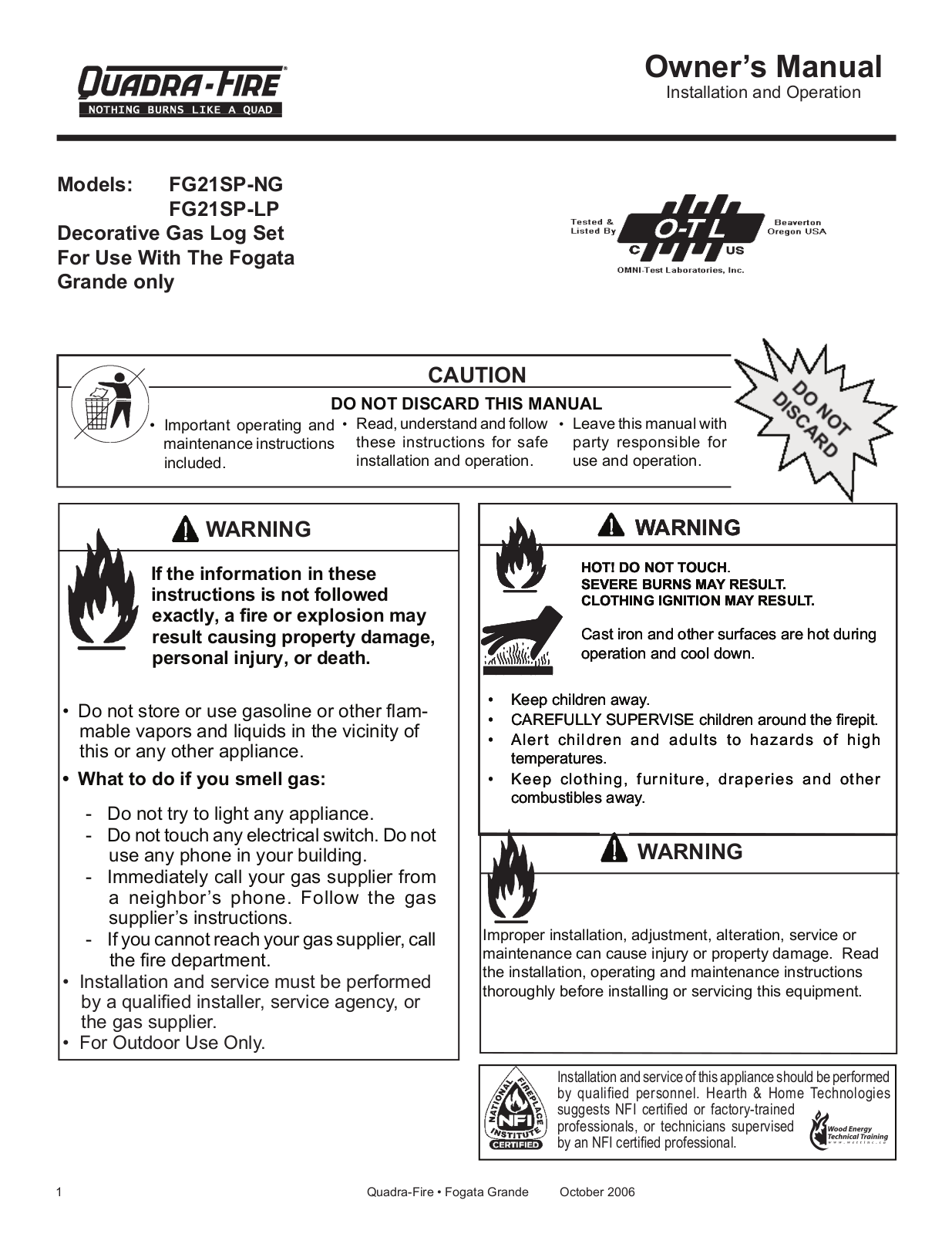 Quadra-Fire FG21SP-NG, FG21SP-LP User Manual