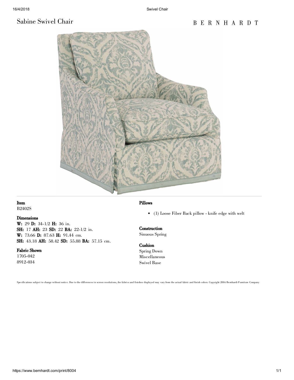 Bernhardt BHT4869 Specifications - ManualMachine.com