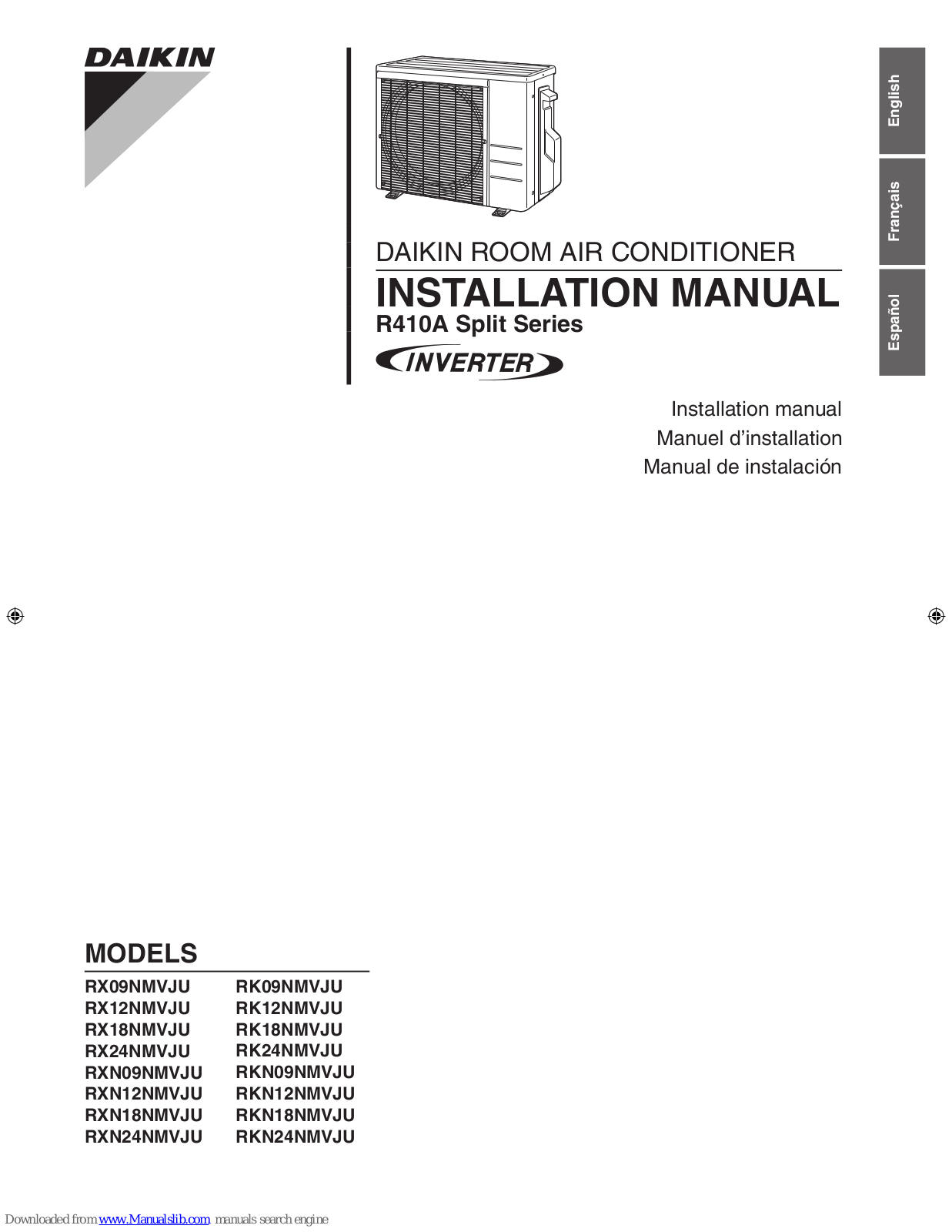 Daikin RXN09NMVJU, RX12NMVJU, RXN12NMVJU, RXN18NMVJU, RXN24NMVJU Installation Manual