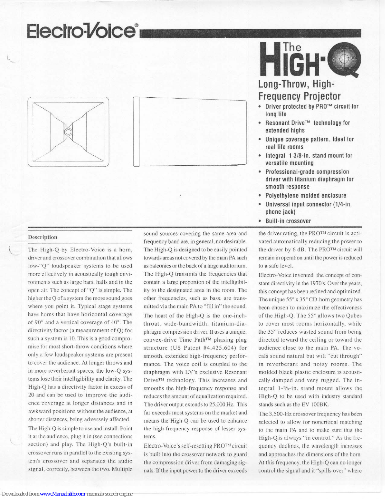 Electro-Voice High Frequency Projector, High-Q Specification Sheet