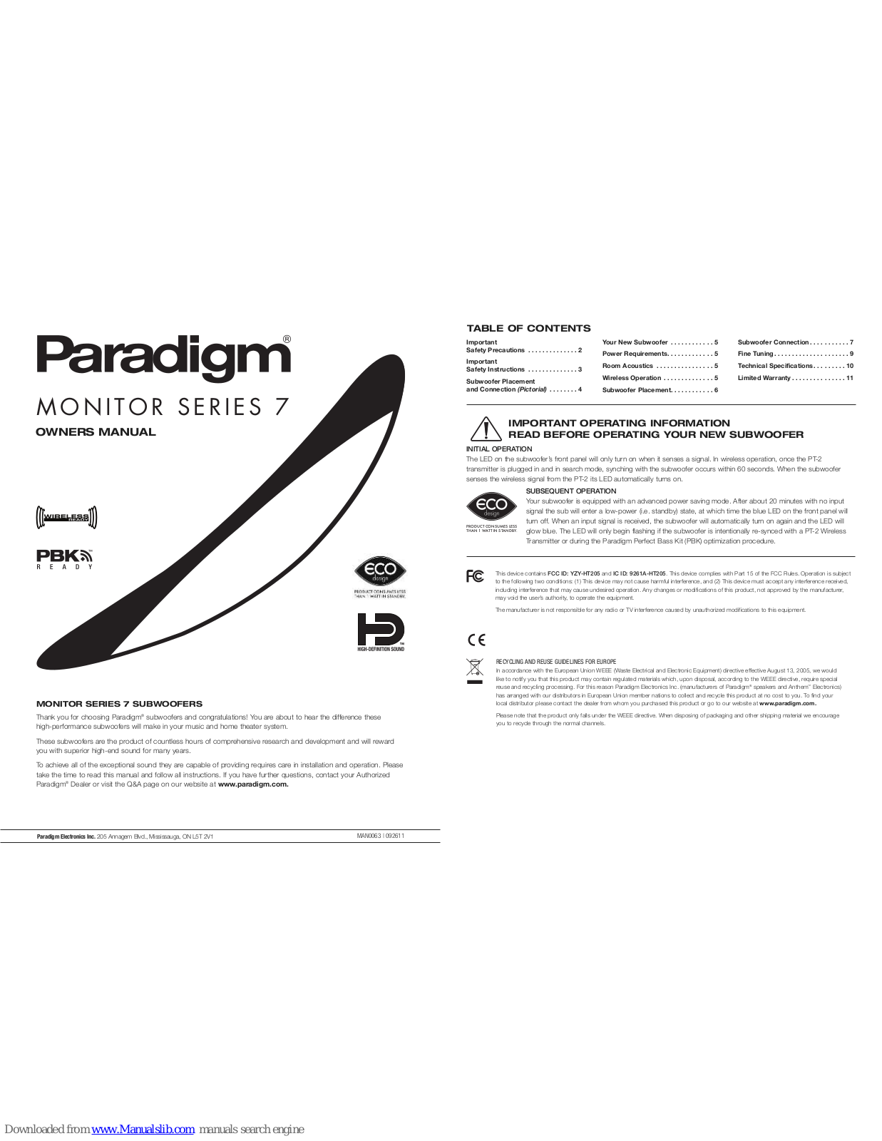 Paradigm Monitor  7, Monitor SUB 8, Monitor SUB 10, Monitor SUB 12 Owner's Manual