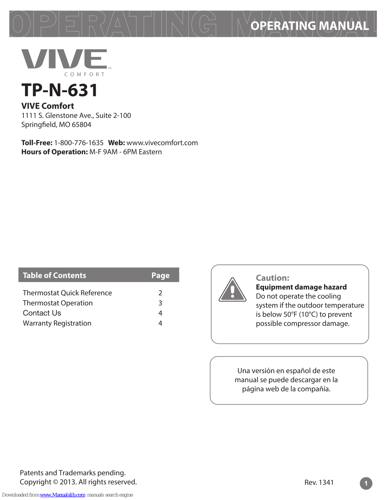 Vive Comfort TP-N-631 Operation Manual