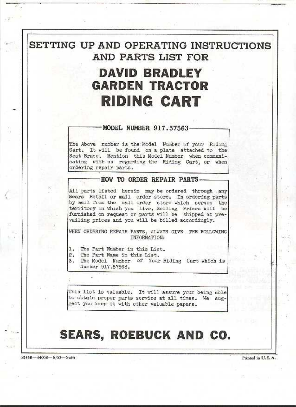 David Bradley 917.57563 Operating instructions