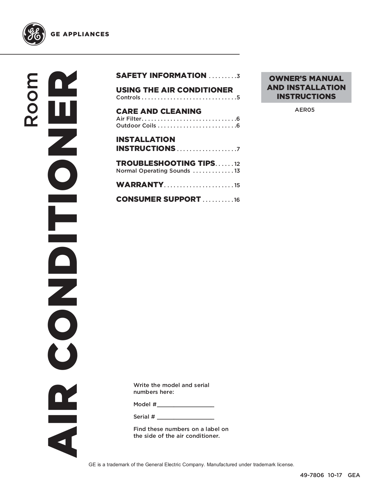 GE AER05 Owner’s Manual & Installation Instructions