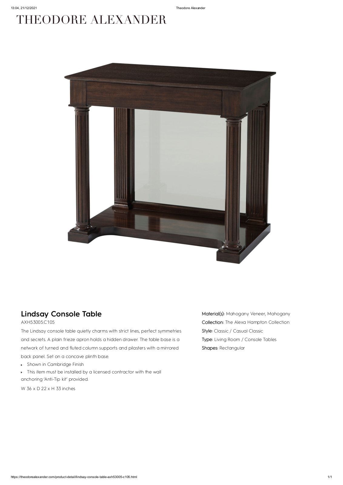 Theodore Alexander FPLJ3582 Specifications - ManualMachine.com