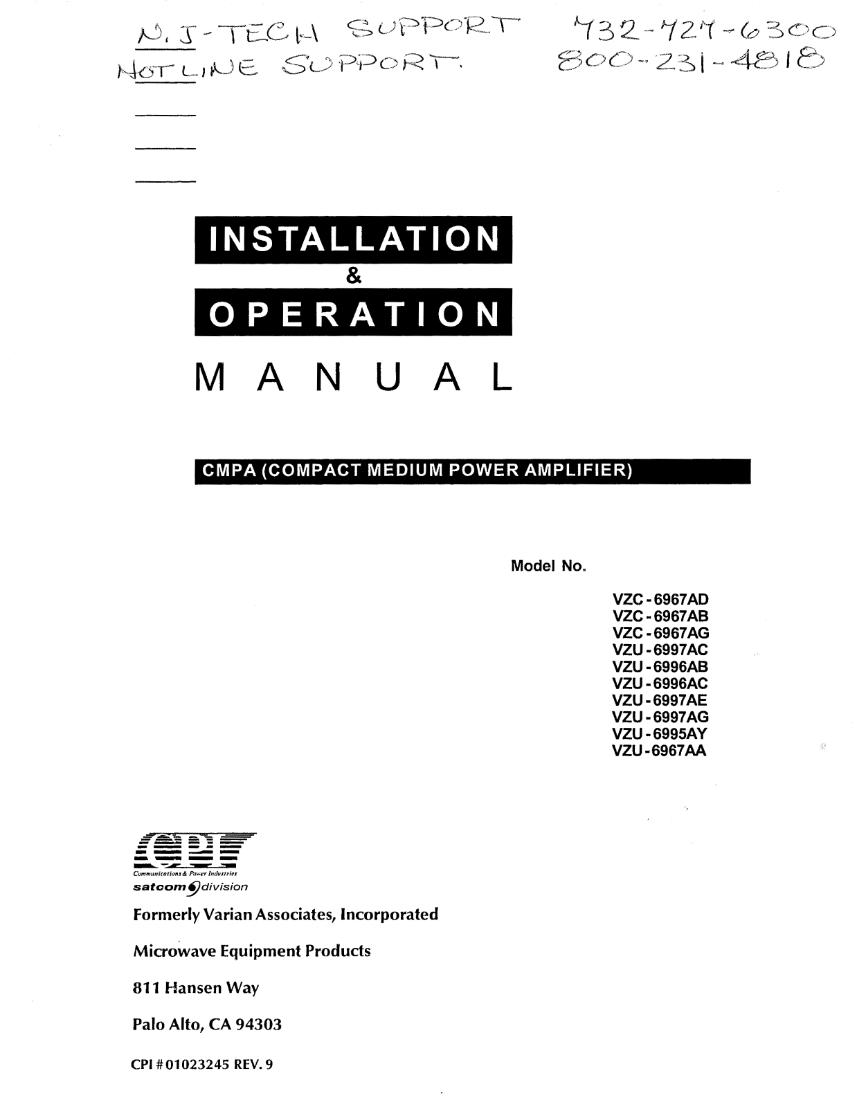 CPI VZC-6967AD, VZC-6967AB, VZU-6997AC, VZC-6967AG, VZU-6996AC Installation & Operation Manual