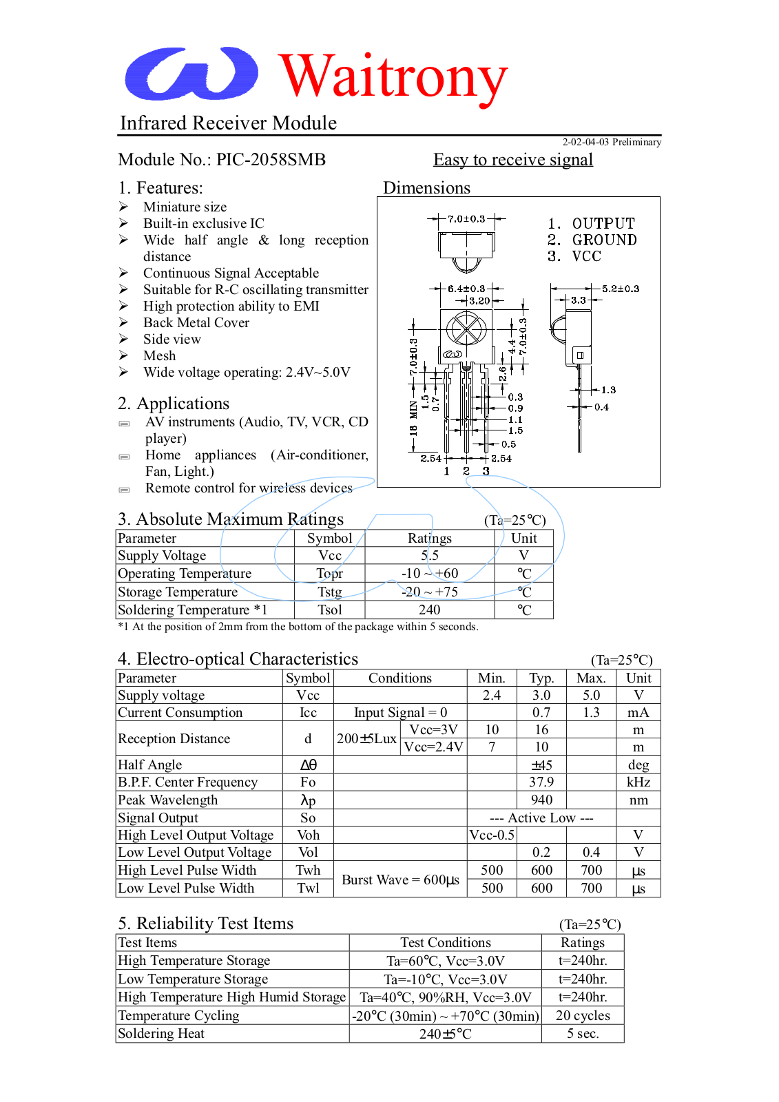 WAITRONY PIC-2058SMB Datasheet