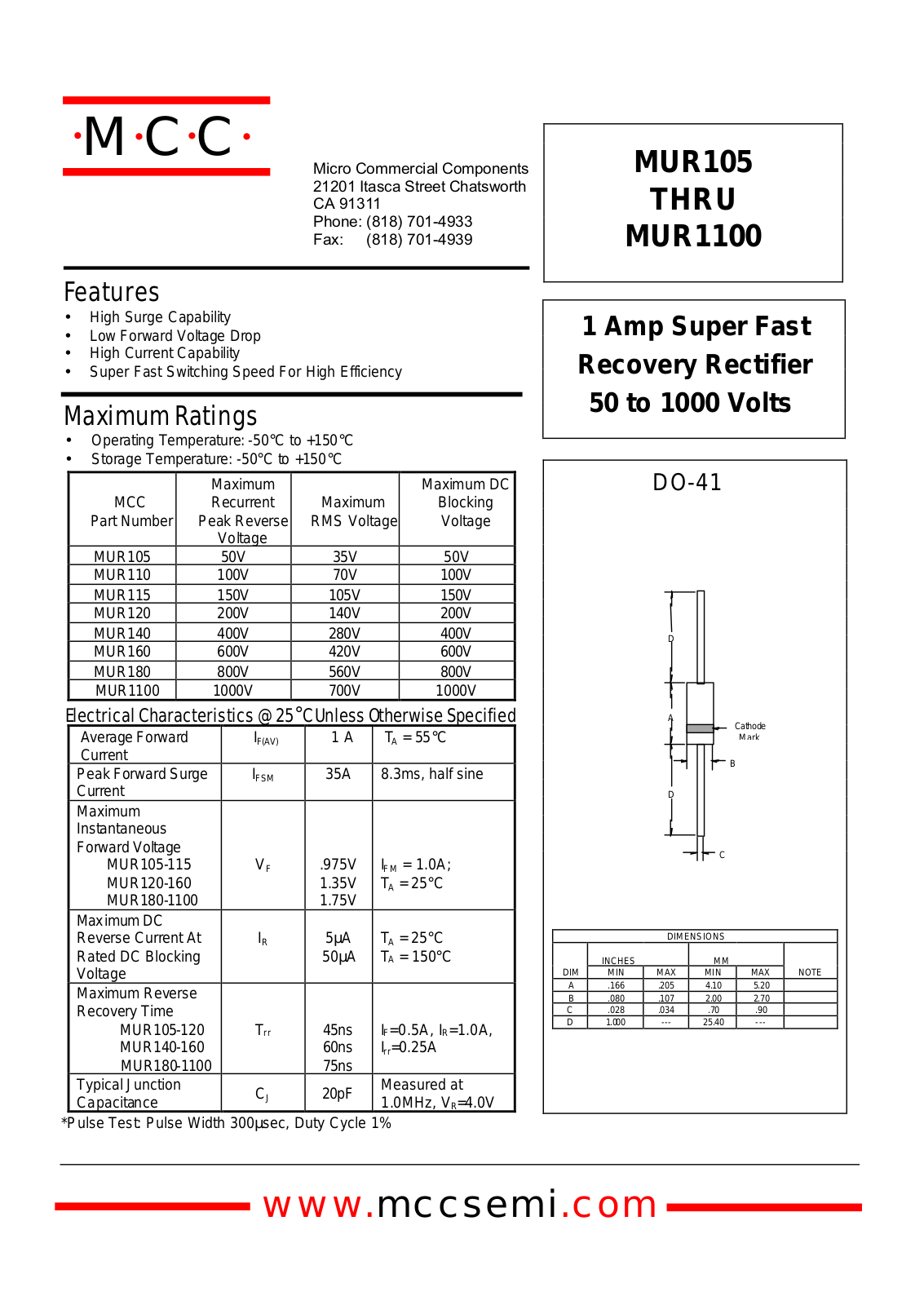 MCC MUR180, MUR105, MUR110, MUR1100, MUR115 Datasheet