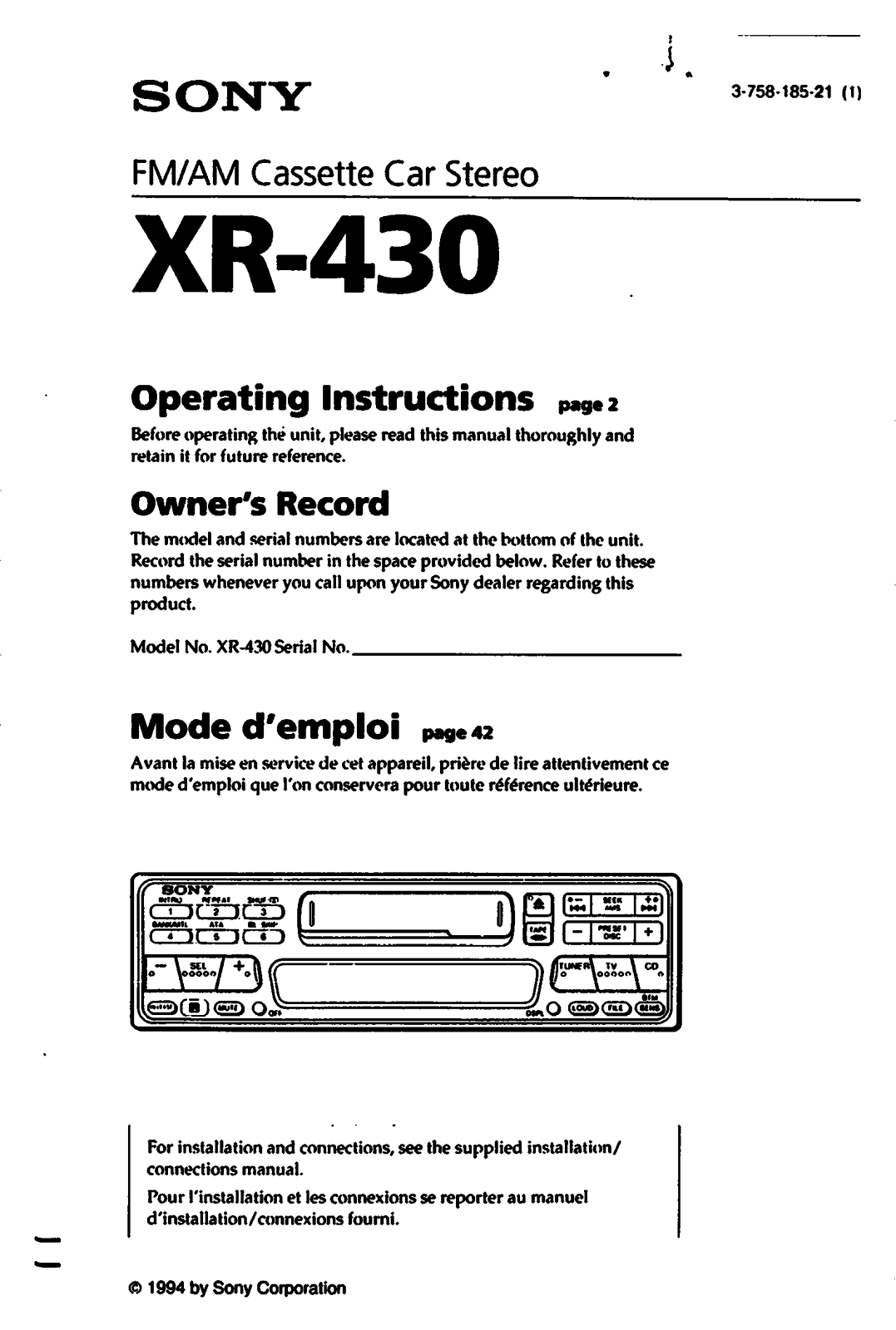 Sony XR-430 User Manual