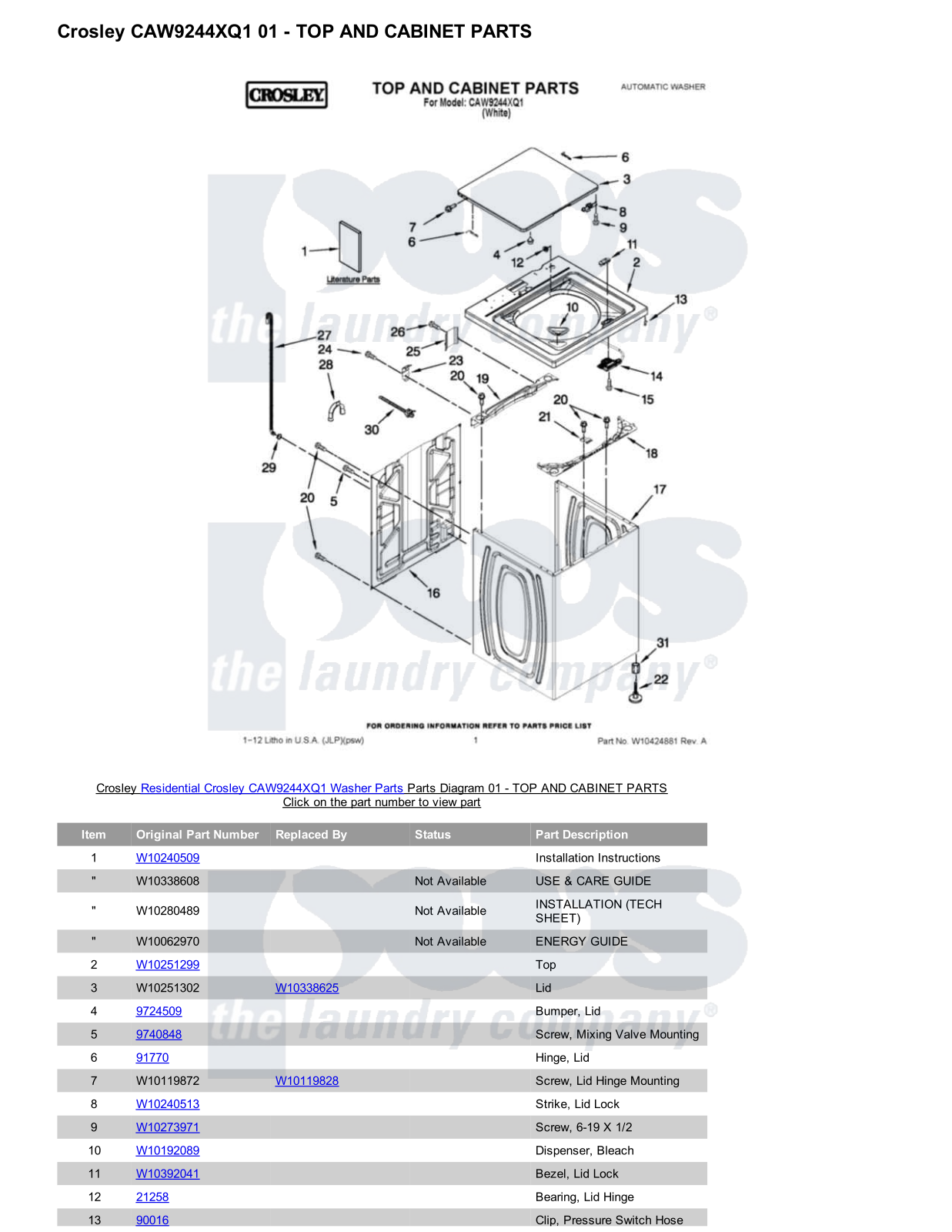 Crosley CAW9244XQ1 Parts Diagram