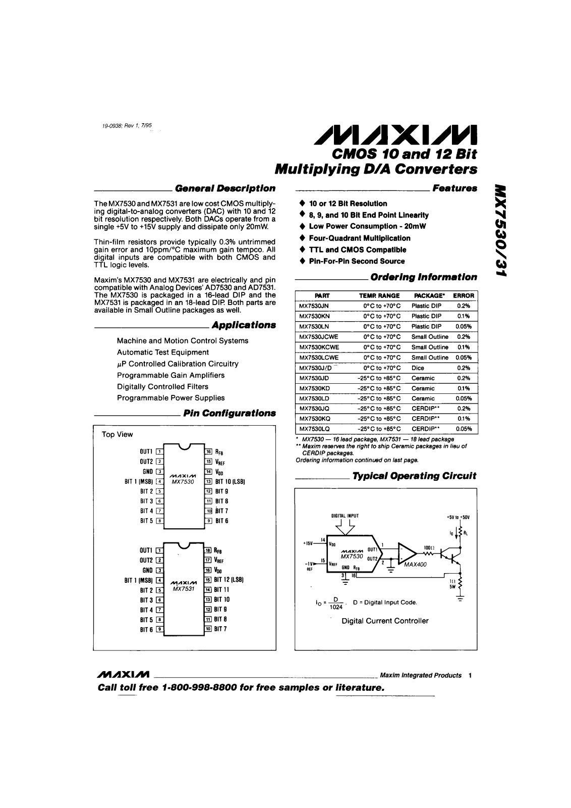 Maxim MX7530JD, MX7530JN, MX7530JQ, MX7530KCWE, MX7530KD Datasheet