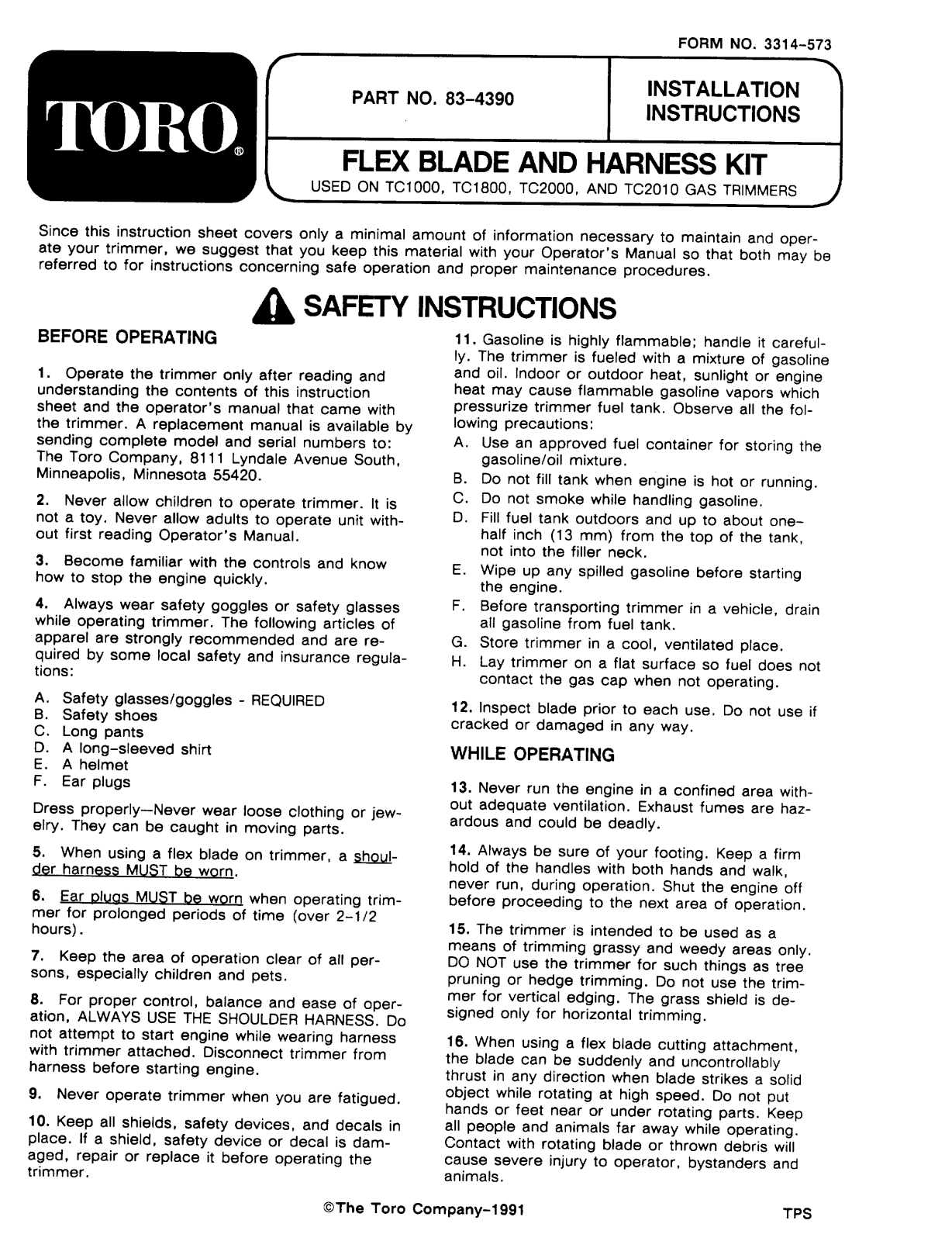 Toro 83-4390 Installation Instructions