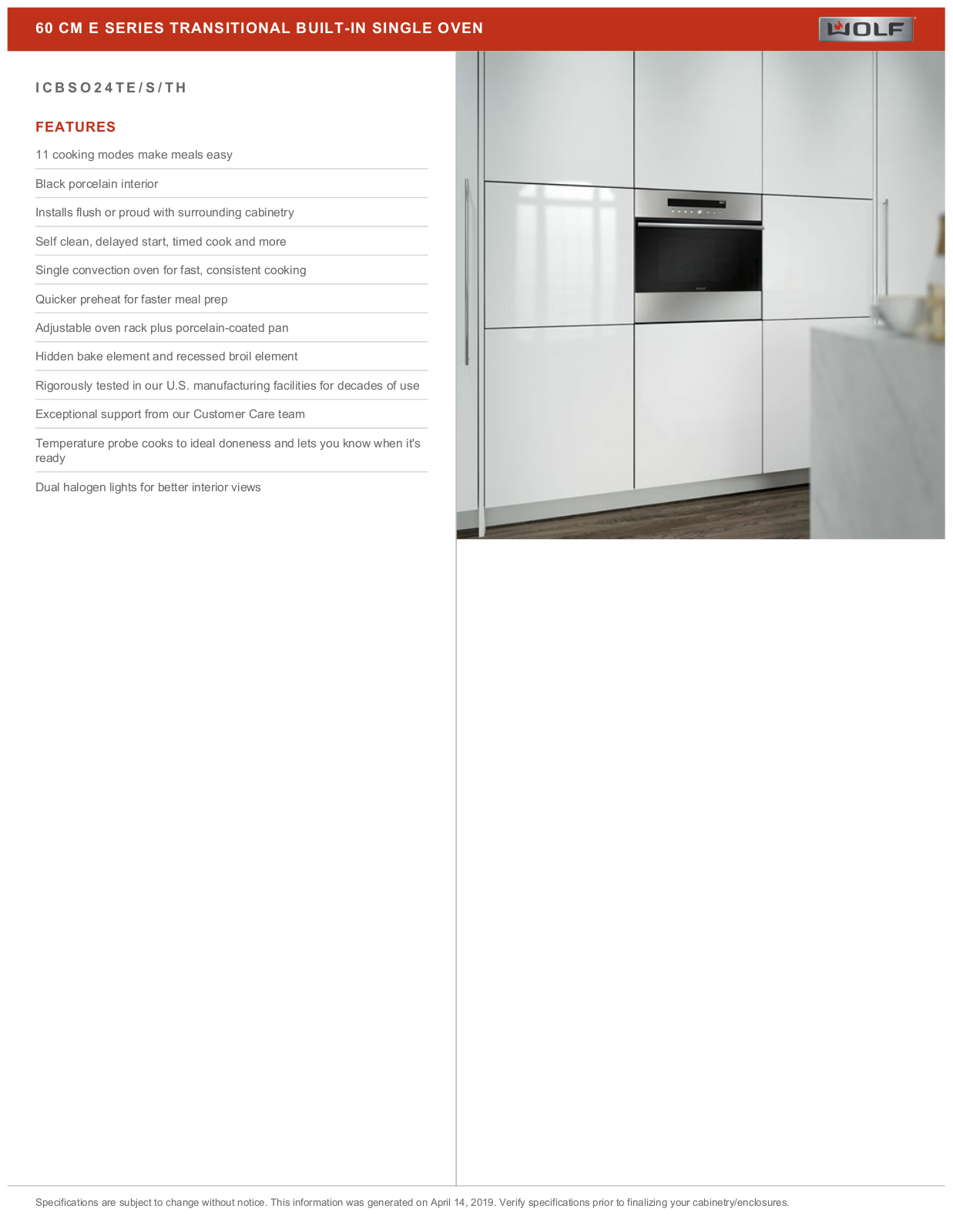 WOLF ICBSO24TESTH1 Specifications Sheet