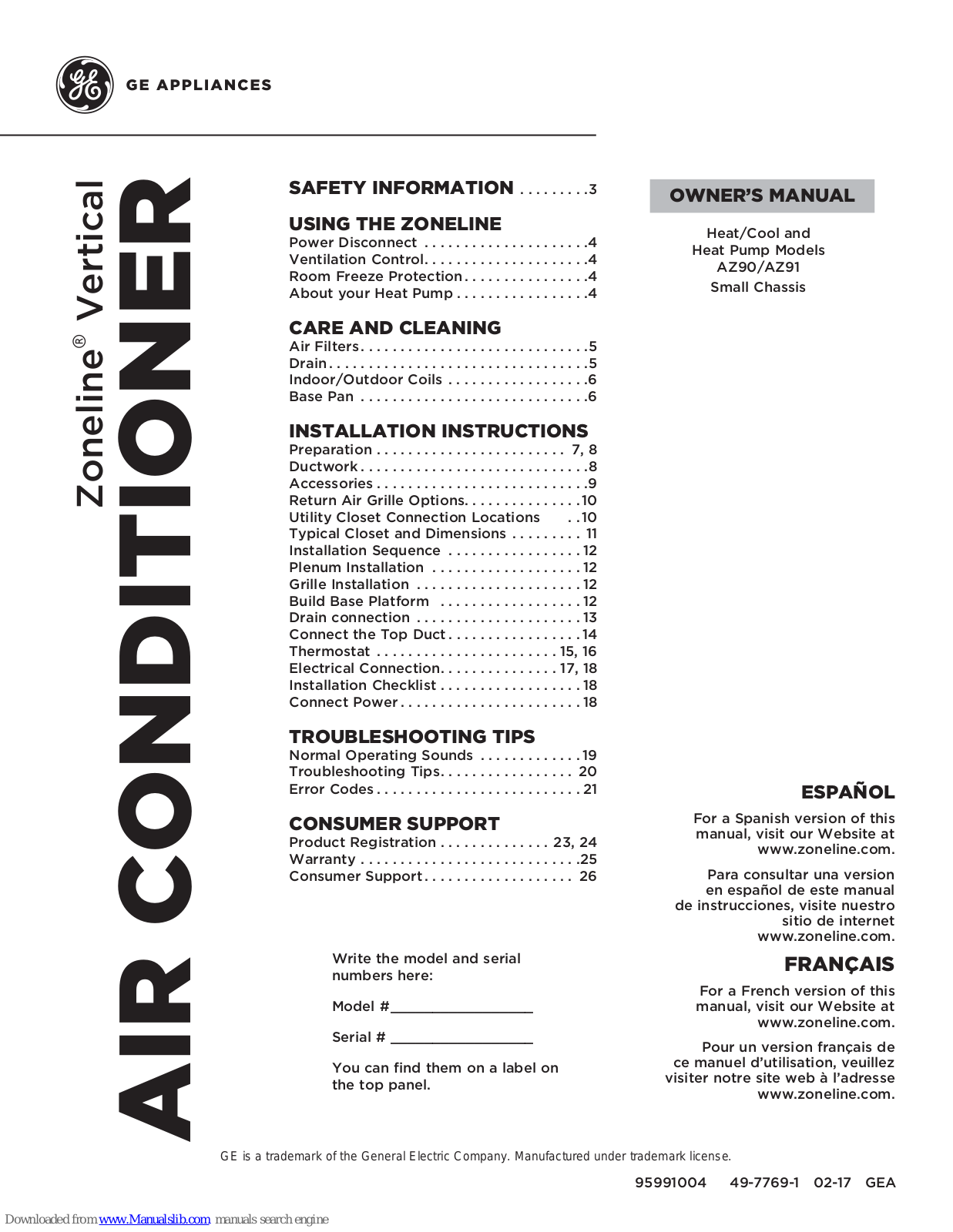 GE AZ91H09, AZ90E09, AZ90E12, AZ91H12, AZ90E18D*C Owner's Manual