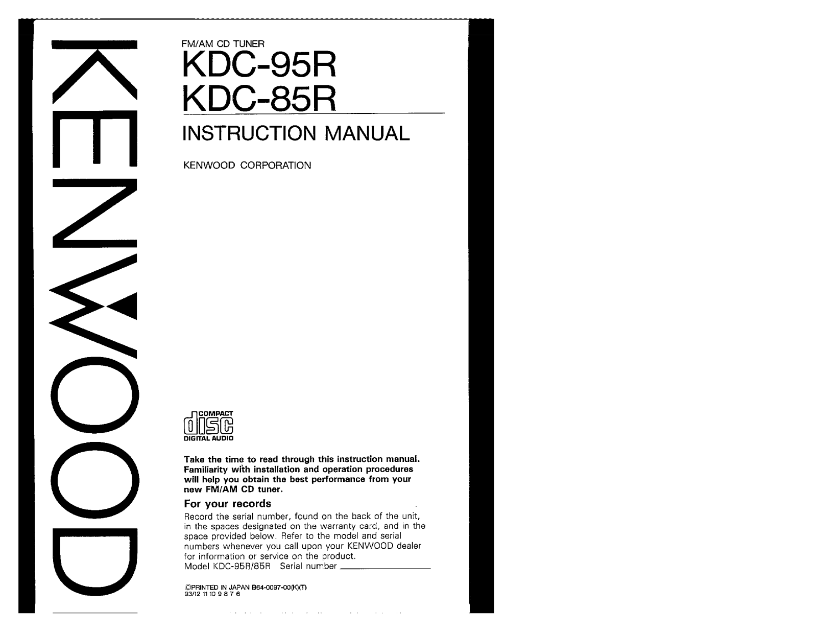 Kenwood KDC-95R, KDC-85R Owner's Manual