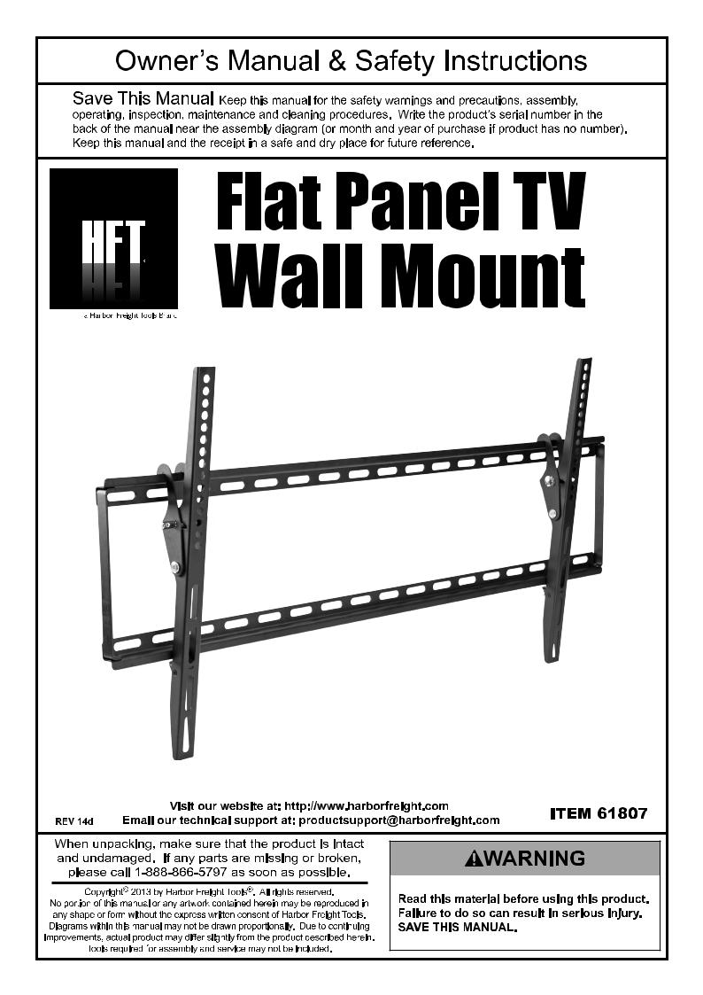 Harbor Freight Tools Large Tilt Flat Panel TV Mount Product manual