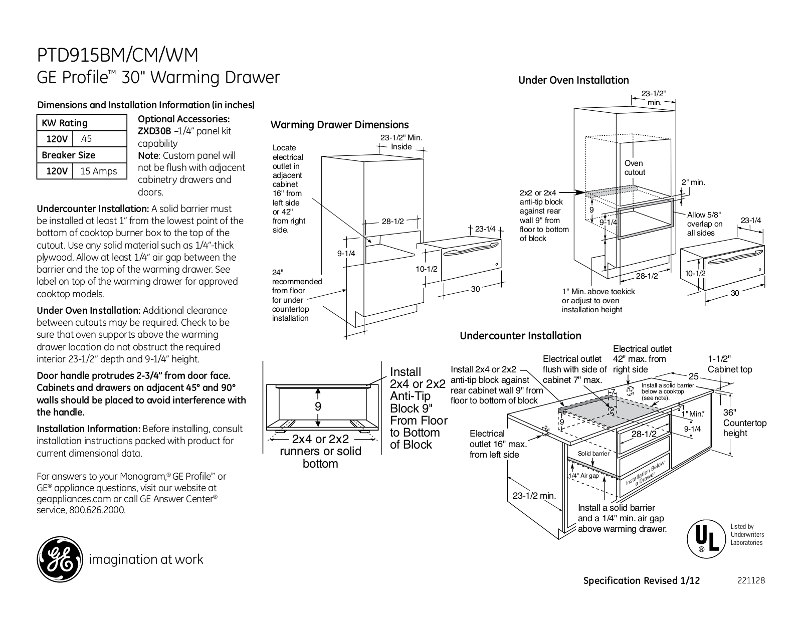 GE PTD915BM, PTD915CM, PTD915WM Specification