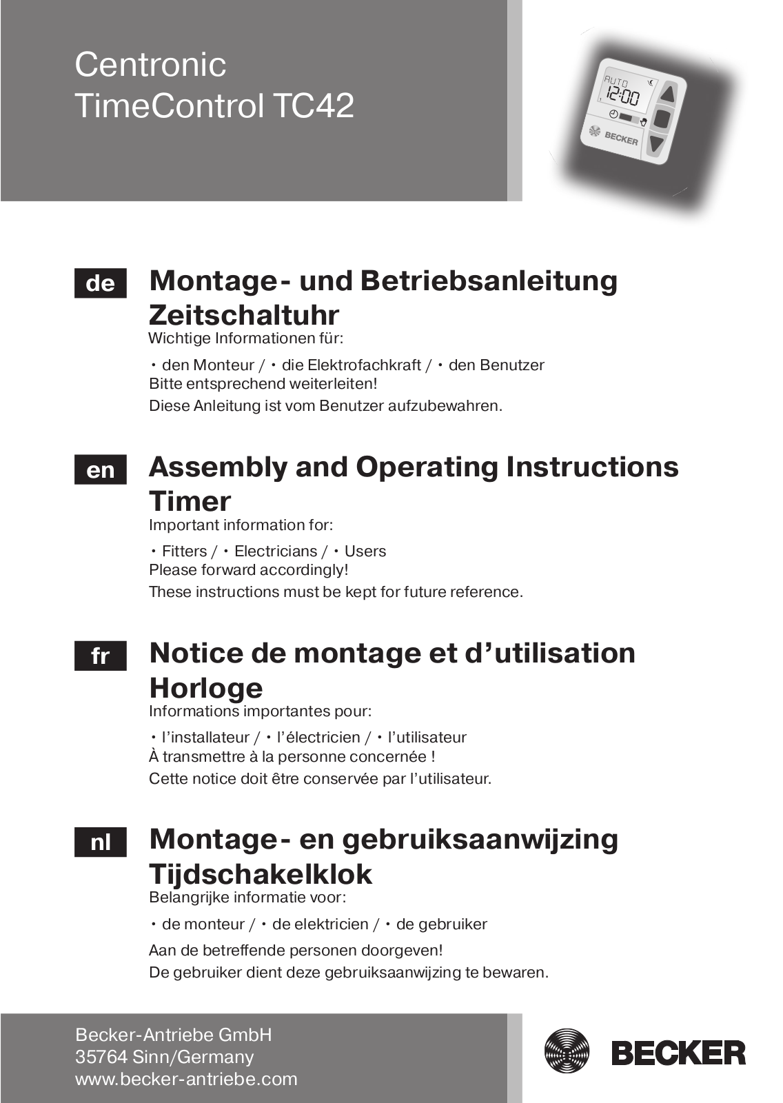 Becker Centronic TimeControl TC42 Assembly And Operating Instructions Manual