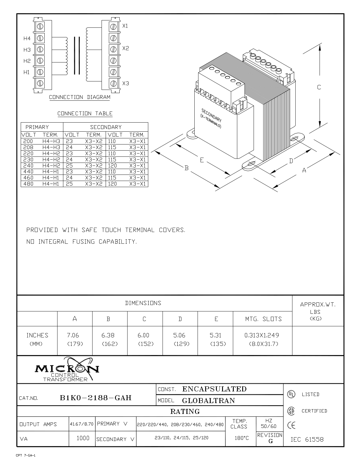 Micron Industries B1K0-2188-GAH Specification Sheet