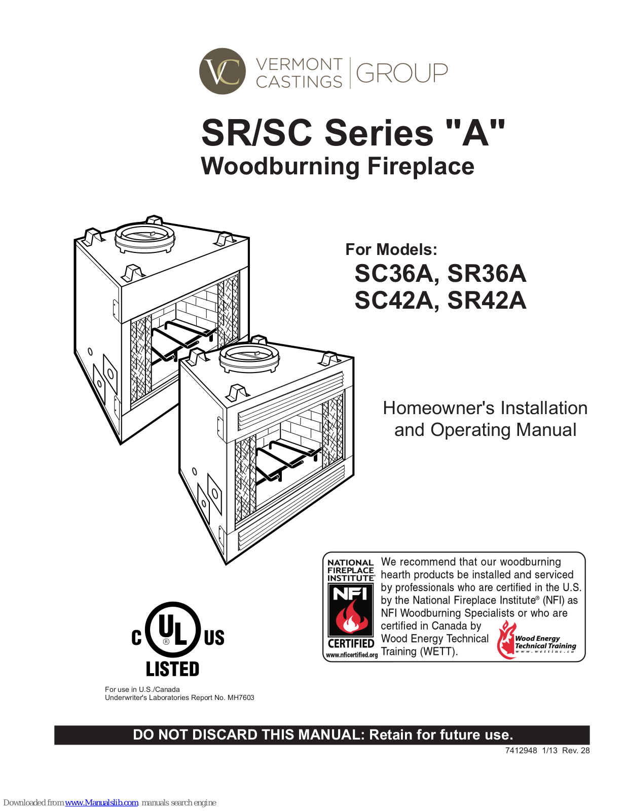 Vermont Castings SC36A, SR36A, SC42A, SR42A Operating Manual