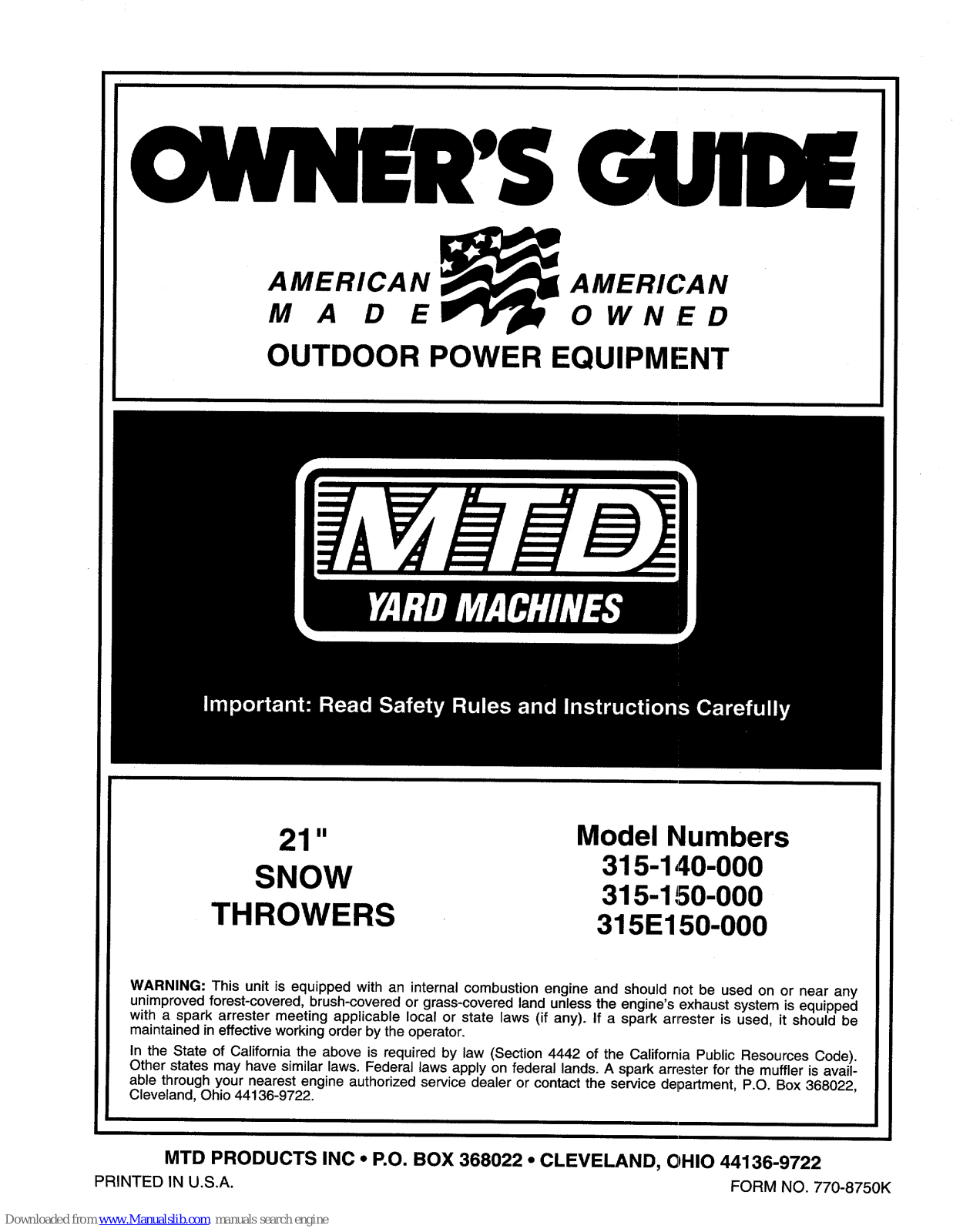 MTD 315-140-000, 315-150-000 Owner's Manual