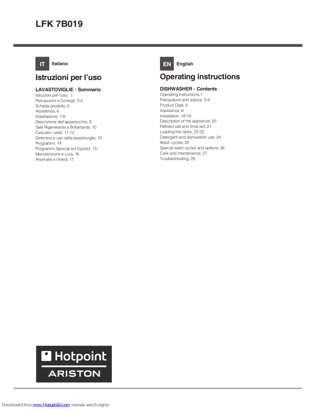 Hotpoint Ariston LFK 7B019 Operating Instructions Manual