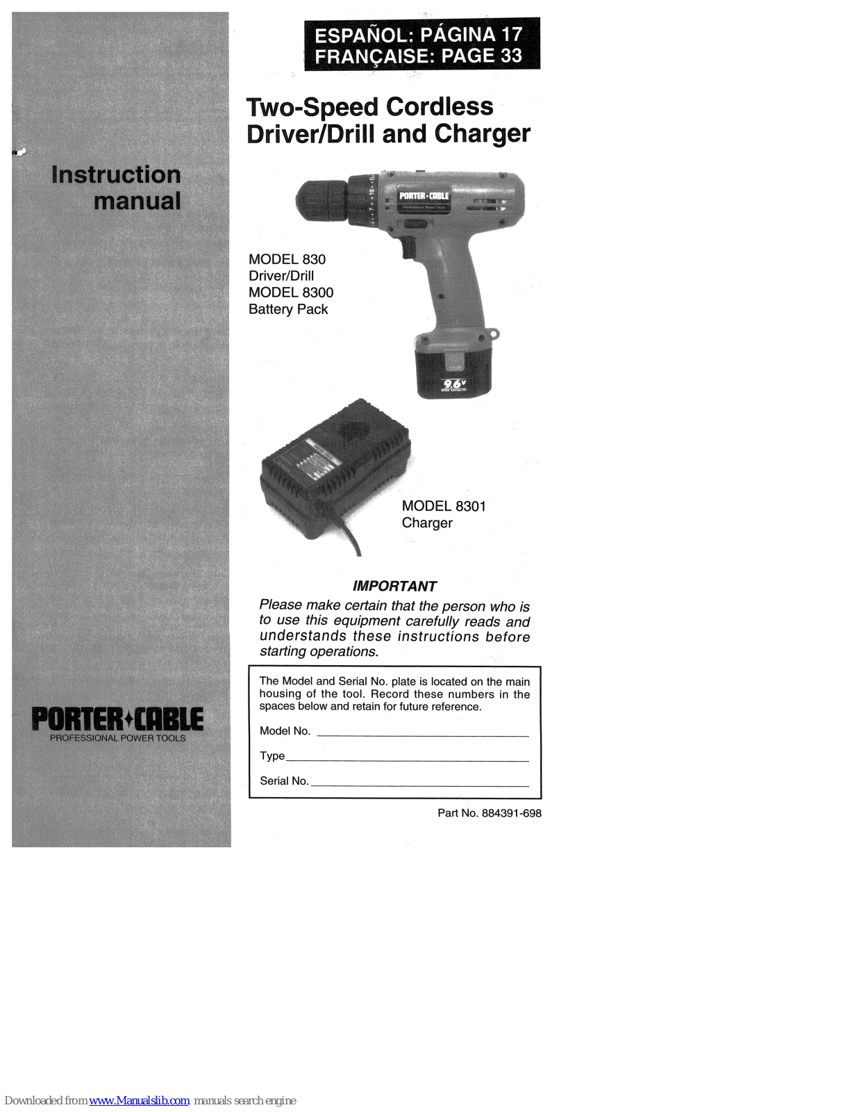 Porter-Cable 830, 8300, 8301 Instruction Manual