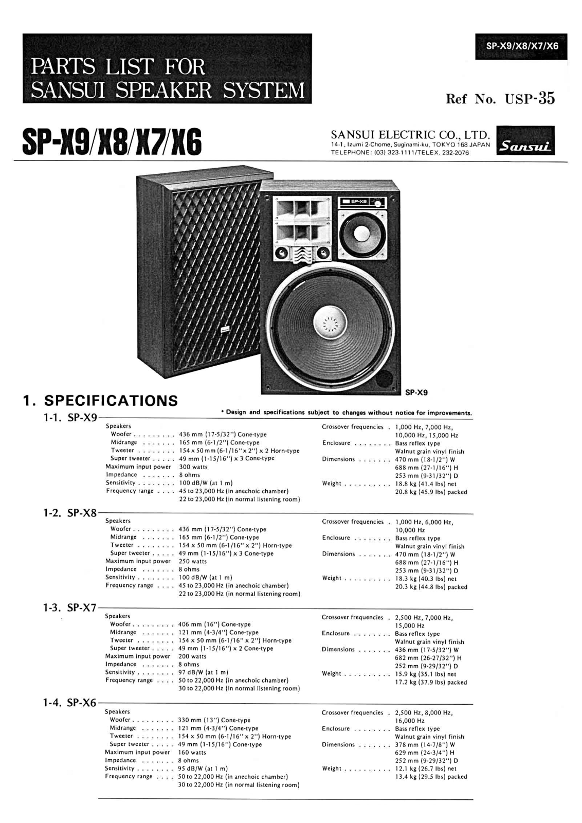Sansui SP-X9, SP-X7, SP-X6, SP-X8 Parts list