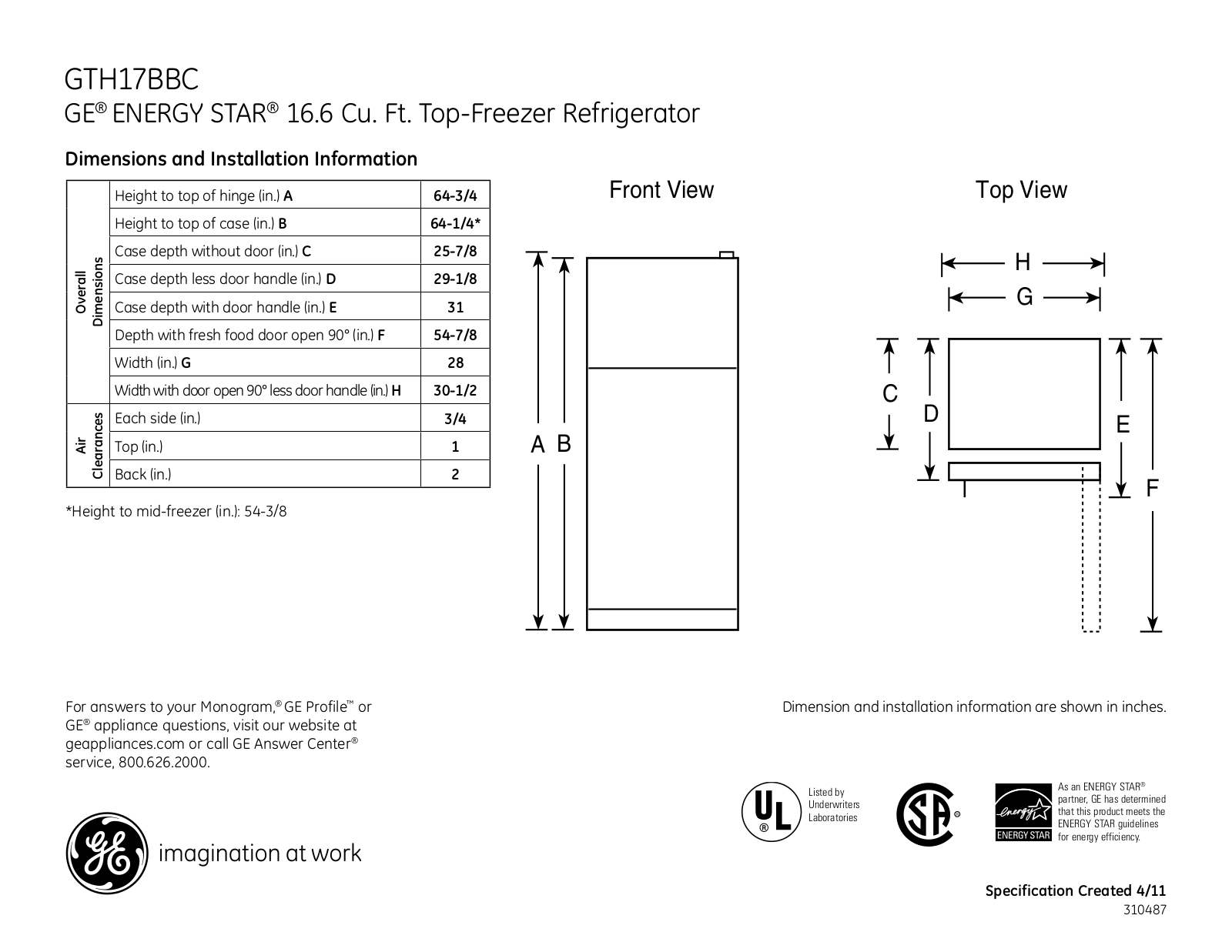 GE GTH17BBC Specification