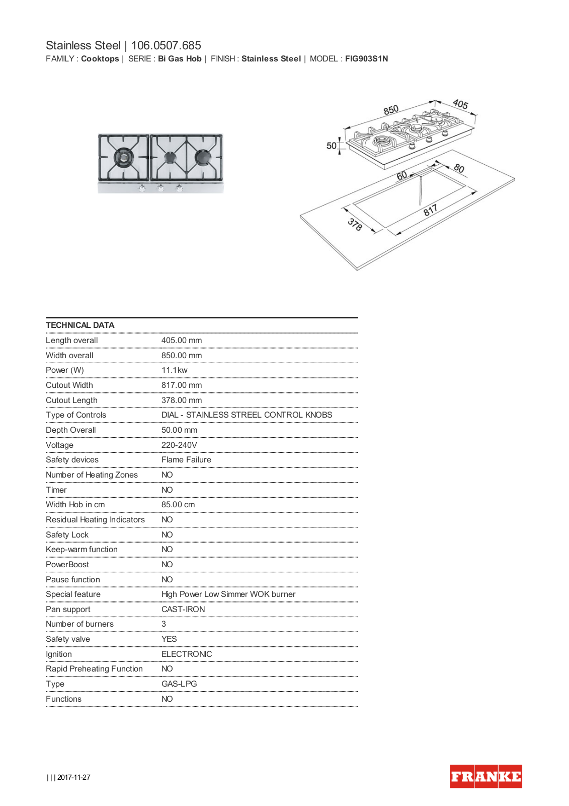 Franke FIG903S1N Datasheet