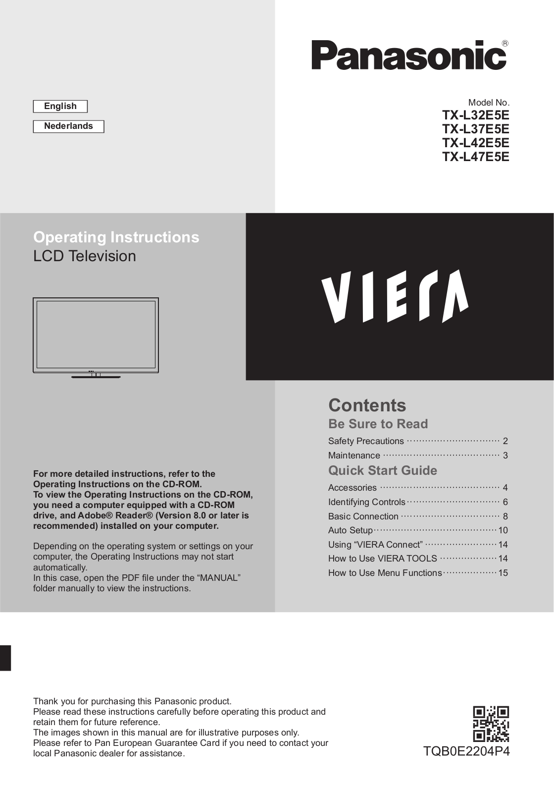 Panasonic Viera TX-L32E5E, Viera TX-L47E5E, Viera TX-L37E5E, Viera TX-L42E5E Operating Instructions Manual