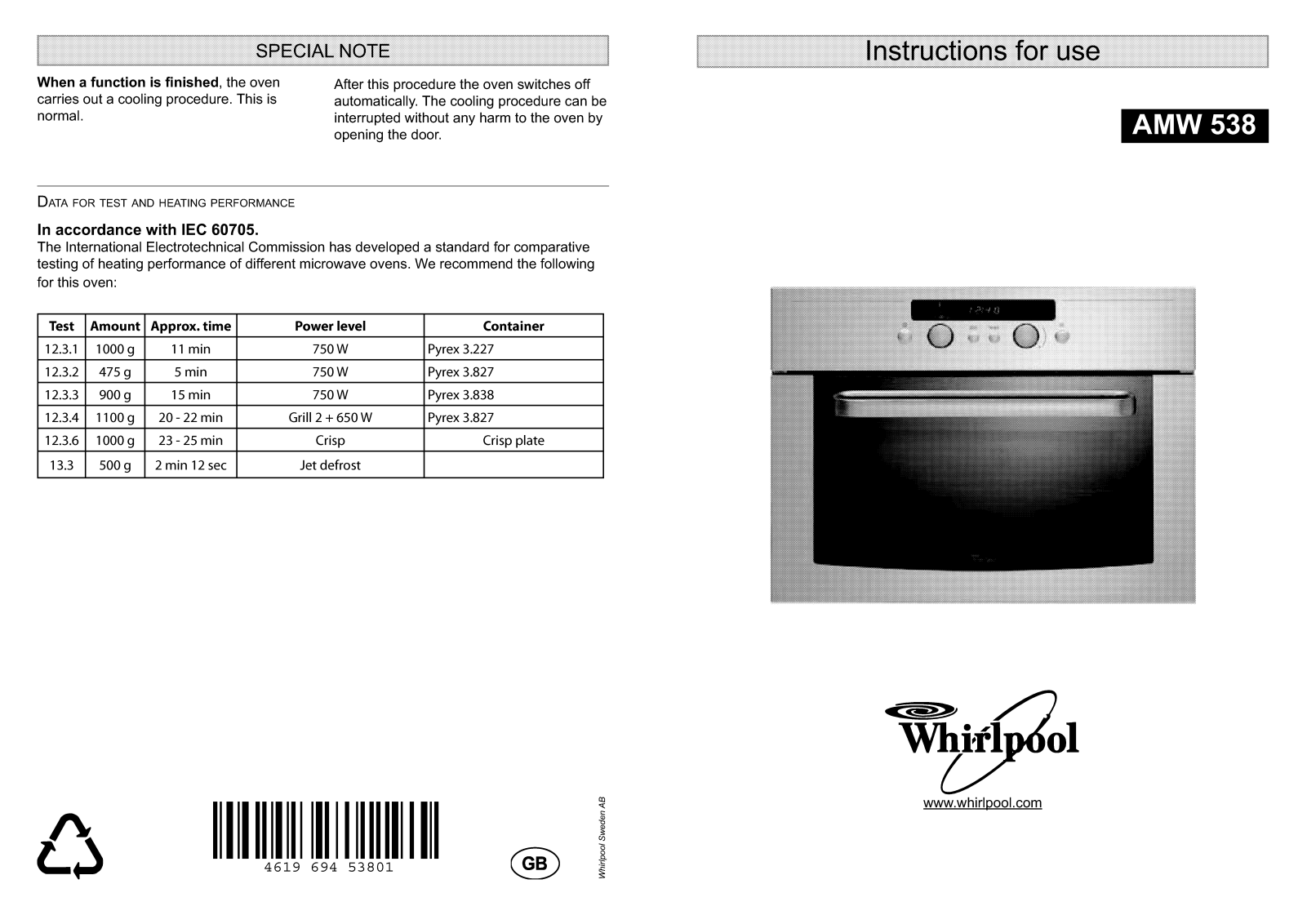 Whirlpool AMW 538 IX INSTRUCTION FOR USE