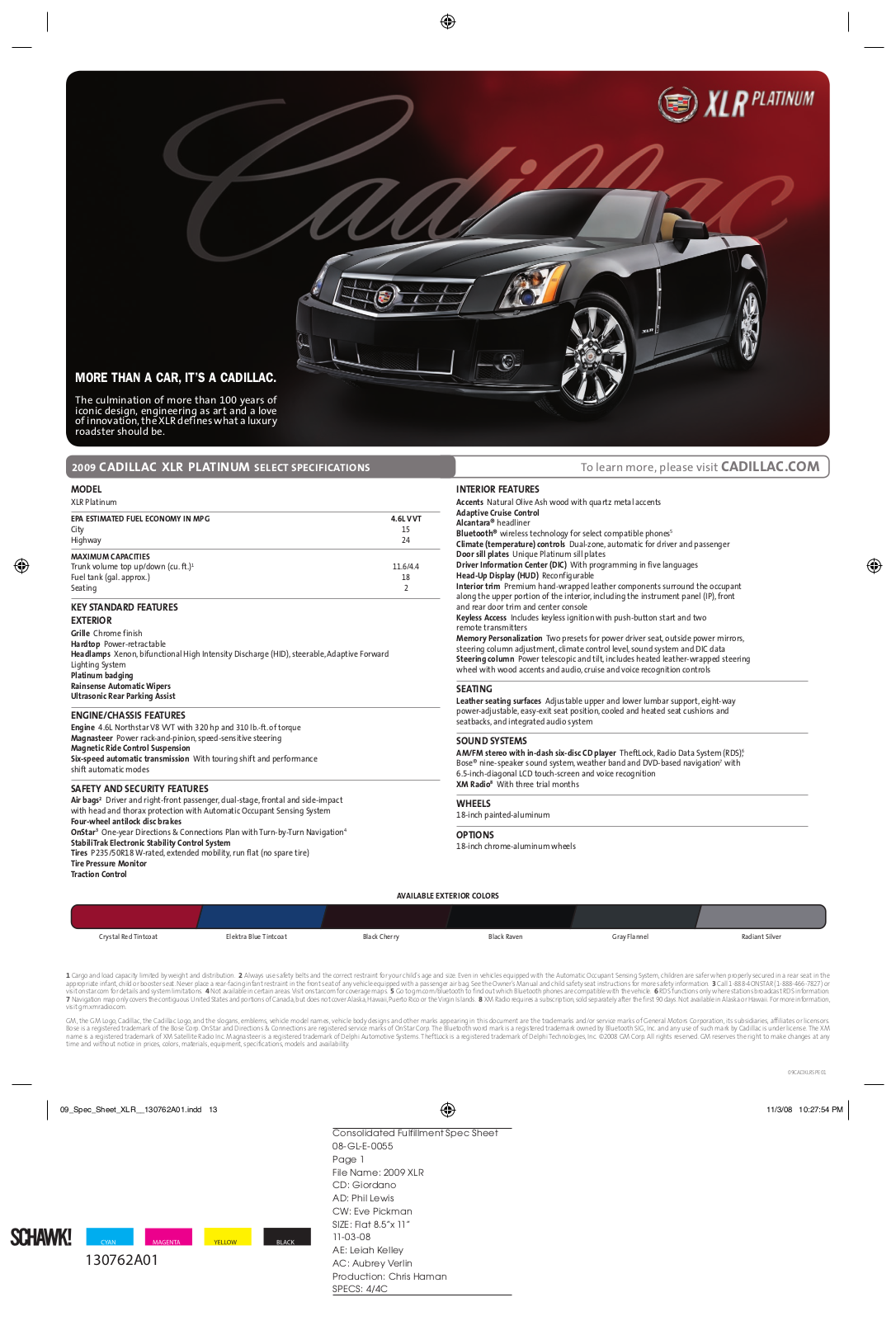 Cadillac XLR PLATINUM  2009 BROCHURE