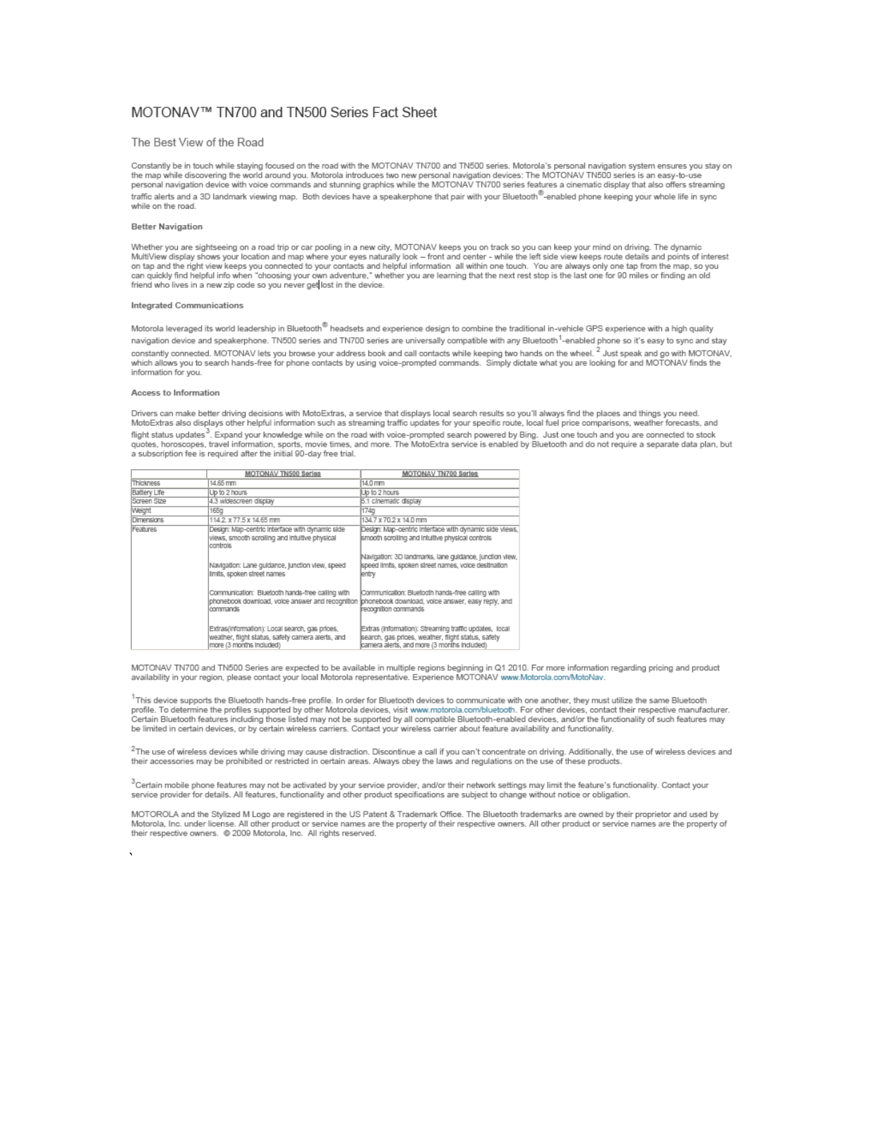 Motorola MOTONAV TN700, MOTONAV TN500 DATASHEET