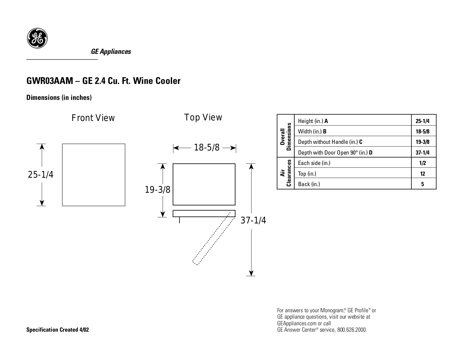 GE GWR03AAM Specification