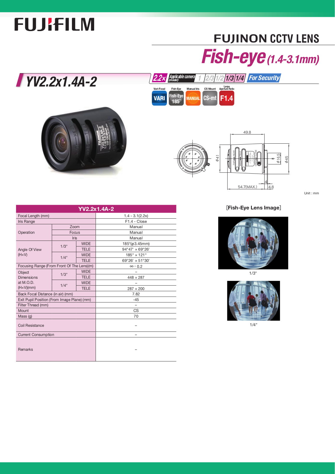 Fujinon YV2.2x1.4A-2 Specsheet